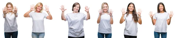 Collage Grupo Mujeres Con Camiseta Blanca Sobre Fondo Aislado Mostrando — Foto de Stock