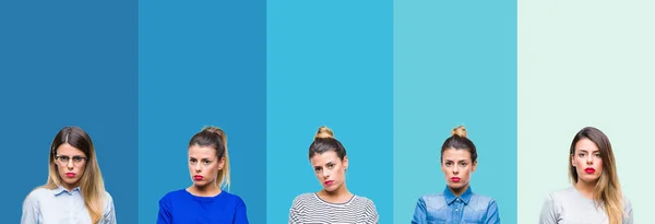 Collage Joven Hermosa Mujer Sobre Rayas Azules Fondo Aislado Con —  Fotos de Stock