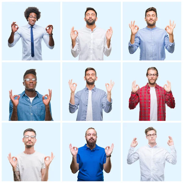 ビジネス カジュアル男女分離の背景の上のグループのコラージュを緩めて指で瞑想ジェスチャーをやって閉じた目を浮かべてします ヨガの概念 — ストック写真