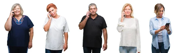 Kollázs Középkorú Idősebb Emberek Használ Smartphone Mint Elszigetelt Háttér Val — Stock Fotó