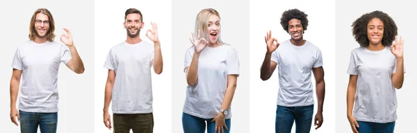 Collage Grupo Jóvenes Con Camiseta Blanca Sobre Fondo Aislado Sonriendo —  Fotos de Stock