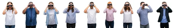 스마트 심각한 생각에 자신감 표현으로 쌍안경을 사람들의 그룹의 콜라주 — 스톡 사진