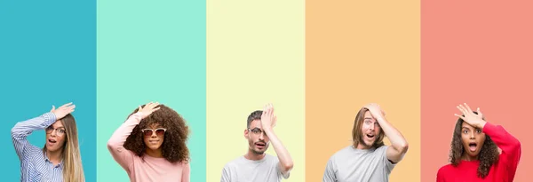 Collage Grupp Ungdomar Över Färgglada Vintage Isolerade Bakgrund Förvånad Med — Stockfoto