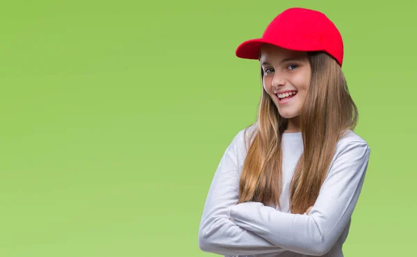 Kırmızı Şapka Giyen Genç Güzel Kız Ile Mutlu Yüz Gülümseyerek — Stok fotoğraf