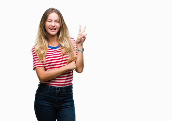 Junge Schöne Blonde Frau Über Isoliertem Hintergrund Die Mit Glücklichem — Stockfoto