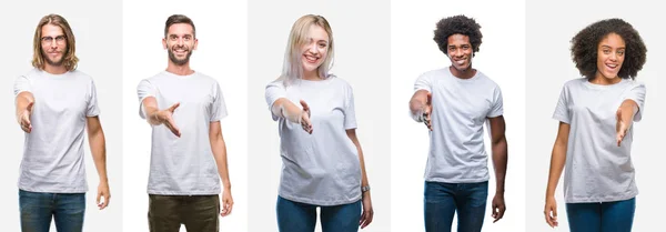 Collage Gruppo Giovani Che Indossano Shirt Bianca Sfondo Isolato Sorridente — Foto Stock