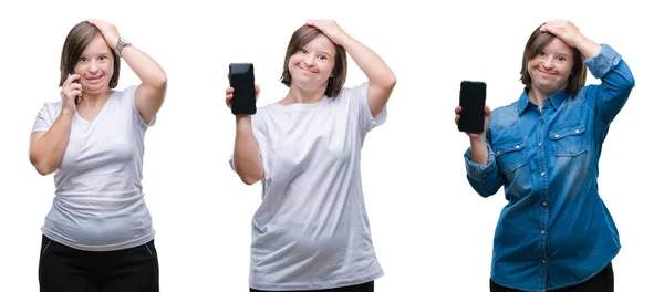 Collage Mujer Del Síndrome Utilizando Teléfono Inteligente Sobre Fondo Aislado — Foto de Stock