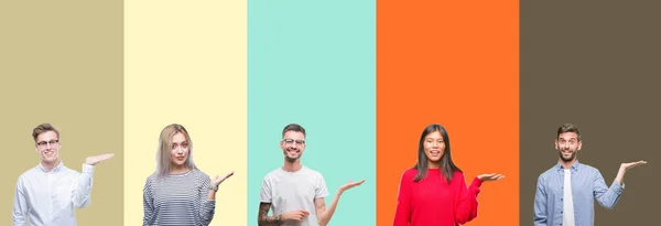 Collage Grupp Ungdomar Över Färgglada Isolerade Bakgrund Leende Glada Presentera — Stockfoto