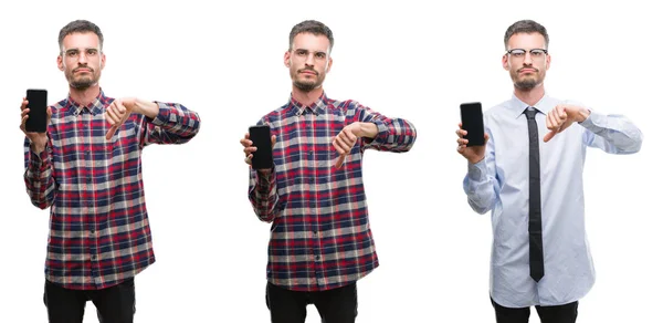Collage Van Jonge Zakenman Met Behulp Van Smartphone Witte Achtergrond — Stockfoto