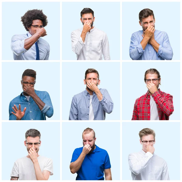 Collage Van Groep Business Casual Mannen Geïsoleerde Achtergrond Iets Stinkende — Stockfoto