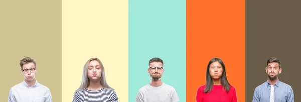 Collage Grupp Ungdomar Över Färgglada Isolerade Bakgrund Pustande Kinder Med — Stockfoto