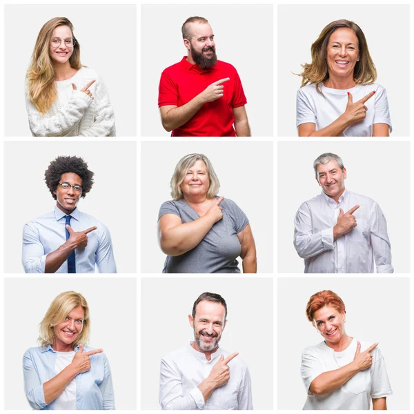 Collage of group of young, middle age and senior people over isolated background cheerful with a smile of face pointing with hand and finger up to the side with happy and natural expression on face looking at the camera.