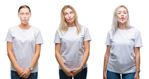 Collage Grupo Mujeres Jóvenes Con Camiseta Blanca Sobre Fondo Aislado —  Fotos de Stock