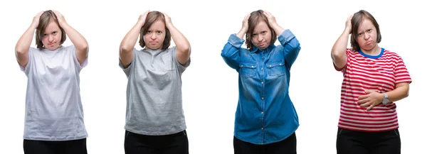 Collage Mujer Síndrome Sobre Los Antecedentes Aislados Que Sufren Dolor —  Fotos de Stock