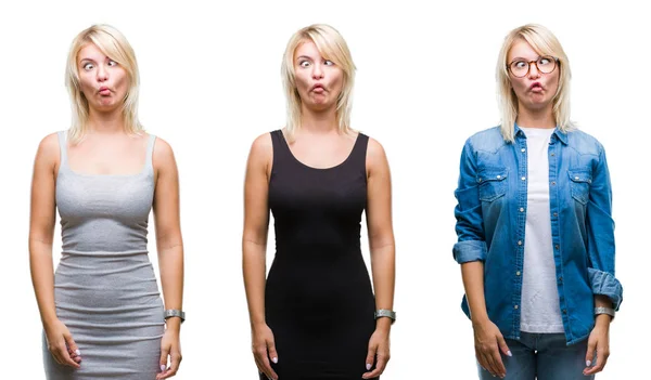 Collage Vacker Blond Kvinna Över Isolerade Bakgrund Gör Fisk Ansikte — Stockfoto