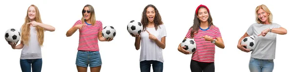 Collage Group Young Senior Women Holding Soccer Ball Isolated Background — Stock Photo, Image