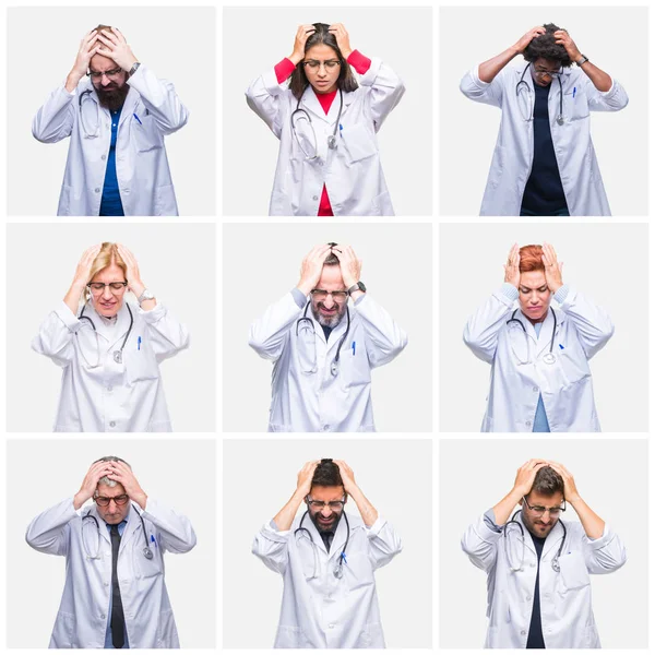 Colagem Grupo Médicos Que Usam Estetoscópio Sobre Fundo Isolado Sofrendo — Fotografia de Stock
