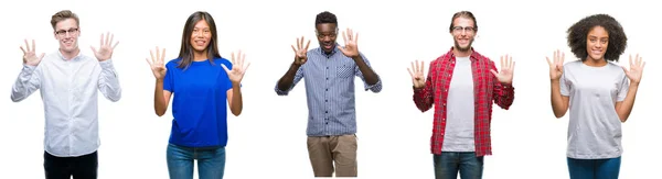 Collage Grupo Jóvenes Asiáticos Caucásicos Afroamericanos Sobre Fondo Aislado Mostrando — Foto de Stock