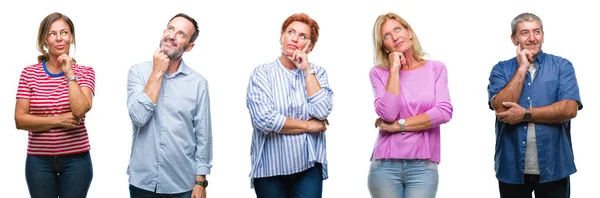 Collage Group Middle Age Senior People Isolated Background Hand Chin — Stock Photo, Image