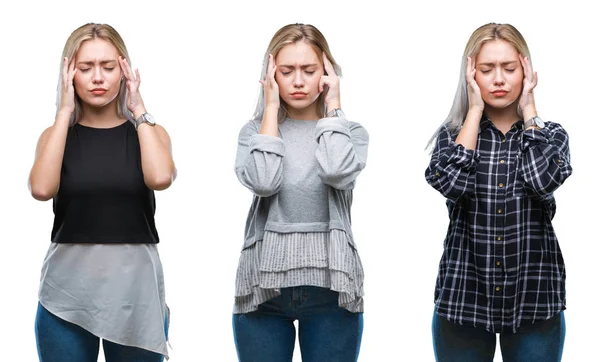 Collage Vacker Blond Ung Kvinna Över Isolerade Bakgrund Med Handen — Stockfoto