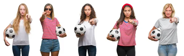 Collage Van Groep Jonge Senior Vrouwen Houdt Van Voetbal Geïsoleerd — Stockfoto