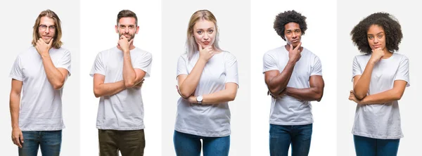 Colagem Grupo Jovens Vestindo Camiseta Branca Sobre Fundo Isolado Olhando — Fotografia de Stock