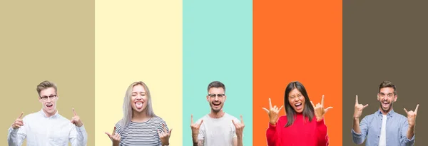 Collage Gruppo Giovani Sfondo Colorato Isolato Urlando Con Espressione Folle — Foto Stock