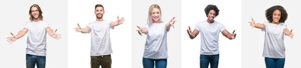 Collage Group Young People Wearing White Shirt Isolated Background Looking — Stock Photo, Image