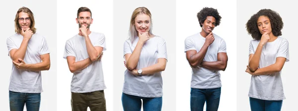 Collage Van Groep Jongeren Dragen Witte Shirt Geïsoleerde Achtergrond Zoek — Stockfoto