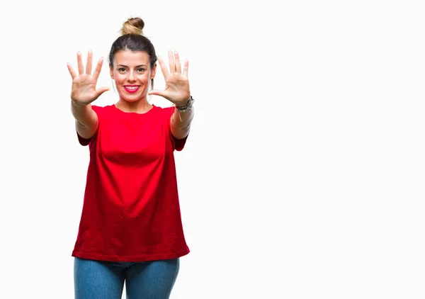 Young Beautiful Woman Isolated Background Showing Pointing Fingers Number Ten — Stock Photo, Image