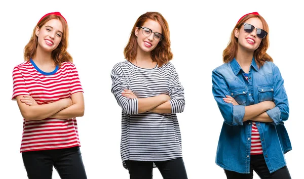 Collage Ung Vacker Rödhårig Kvinna Över Isolerade Bakgrund Glada Ansikte — Stockfoto