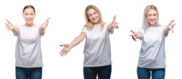 Colagem Grupo Jovens Mulheres Vestindo Camiseta Branca Sobre Fundo Isolado — Fotografia de Stock