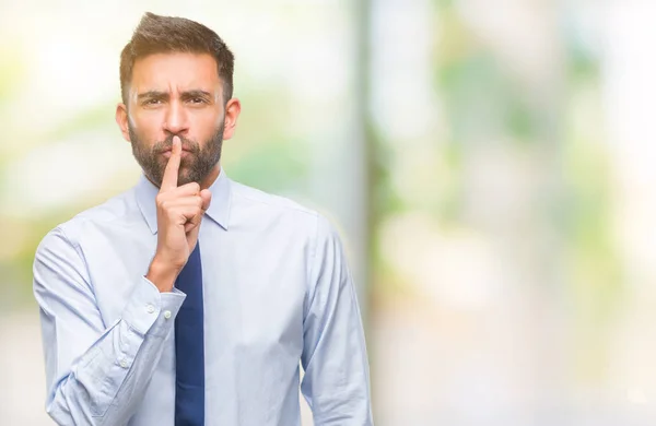 Adult Hispanic Business Man Isolated Background Asking Quiet Finger Lips — Stock Photo, Image