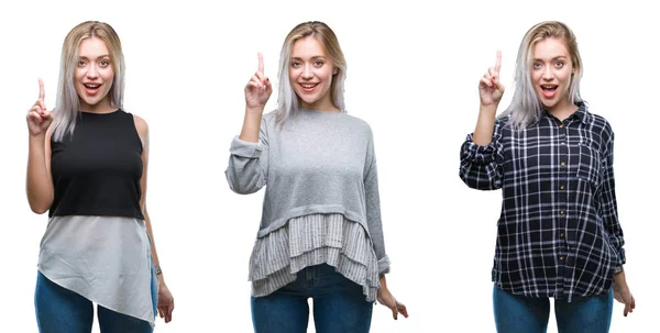 Collage Hermosa Mujer Joven Rubia Sobre Fondo Aislado Señalando Dedo —  Fotos de Stock