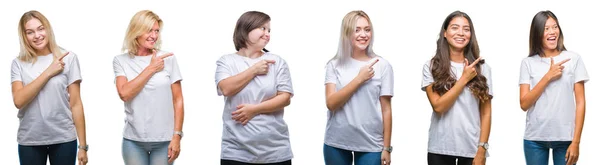 Collage Van Groep Vrouwen Dragen Witte Shirt Geïsoleerde Achtergrond Vrolijke — Stockfoto