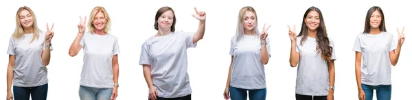 Collage Grupo Mujeres Con Camiseta Blanca Sobre Fondo Aislado Mostrando — Foto de Stock