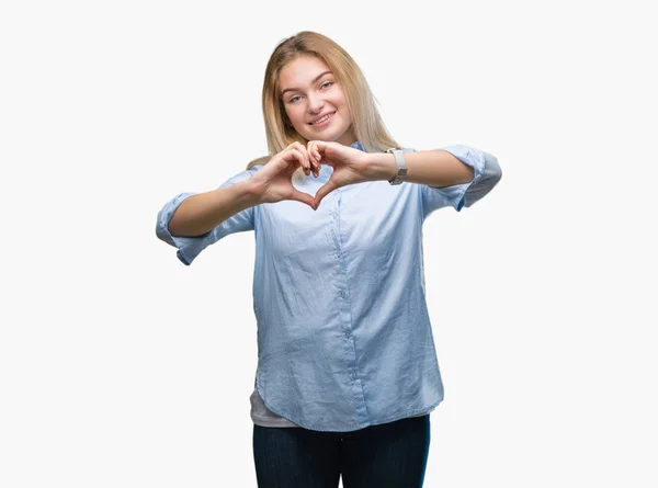 Joven Mujer Negocios Caucásica Sobre Fondo Aislado Sonriendo Amor Mostrando — Foto de Stock