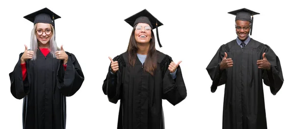 Colagem Grupo Jovens Estudantes Vestindo Uniforme Universitário Graduado Sobre Sinal — Fotografia de Stock