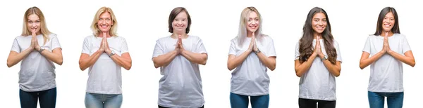 Collage Grupo Mujeres Con Camiseta Blanca Sobre Fondo Aislado Rezando — Foto de Stock
