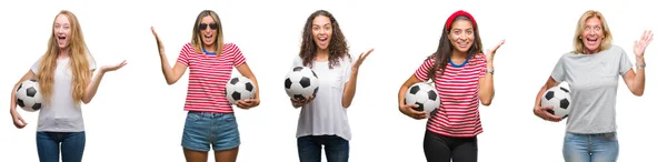 Collage Groupe Jeunes Femmes Femmes Âgées Tenant Ballon Football Sur — Photo