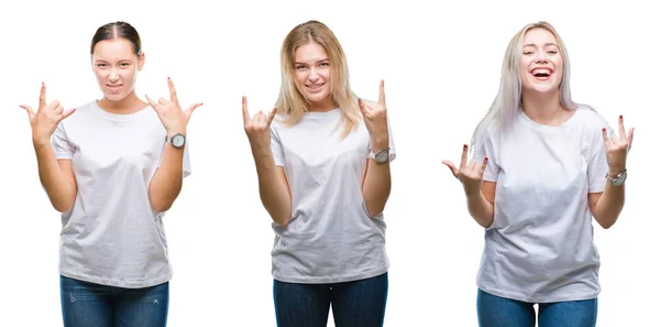 Collage Group Young Women Wearing White Shirt Isolated Background Shouting — Stock Photo, Image