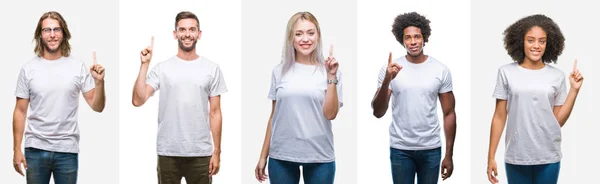 分離背景表示と自信を持って 幸せな笑みを浮かべて 指番号のいずれかで上向きに白い シャツを着た若者のグループのコラージュ — ストック写真