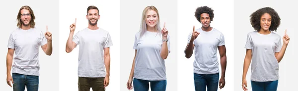 Colagem Grupo Jovens Vestindo Camiseta Branca Sobre Fundo Isolado Mostrando — Fotografia de Stock