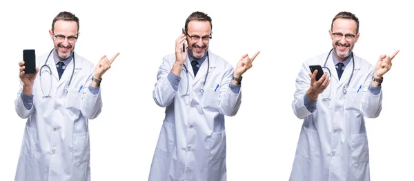 Collage Handsome Senior Hoary Doctor Man Using Smartphone Isolated Background — Stock Photo, Image