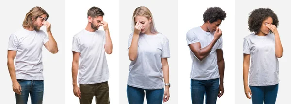 Collage Gruppo Giovani Che Indossano Shirt Bianca Sfondo Isolato Stanco — Foto Stock