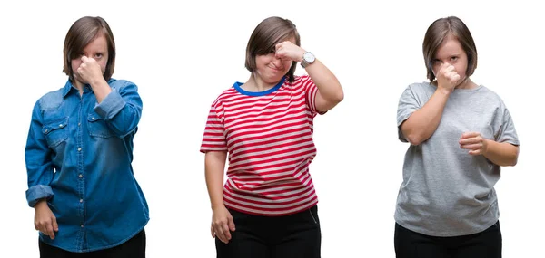 Collage Mujer Síndrome Sobre Fondo Aislado Cansado Frotamiento Nariz Los — Foto de Stock