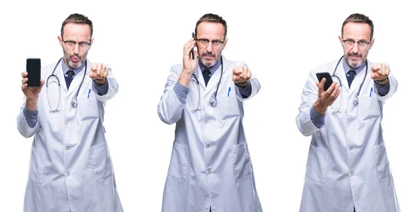 Collage Hombre Guapo Médico Alzado Senior Usando Teléfono Inteligente Sobre —  Fotos de Stock