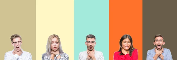 Collage Group Young People Colorful Isolated Background Shouting Suffocate Because — Stock Photo, Image