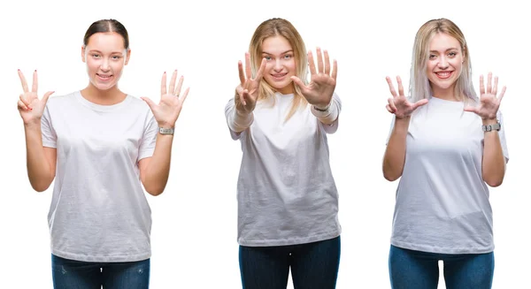 孤立した背景表示と指で上向きに白い シャツを着た若い女性のグループのコラージュ数 自信を持って 幸せな笑みを浮かべて — ストック写真