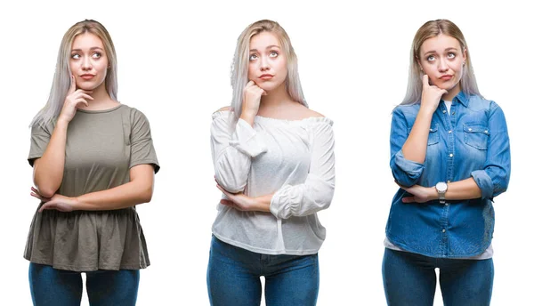 Collage Vacker Blond Ung Kvinna Över Isolerade Bakgrund Med Hand — Stockfoto